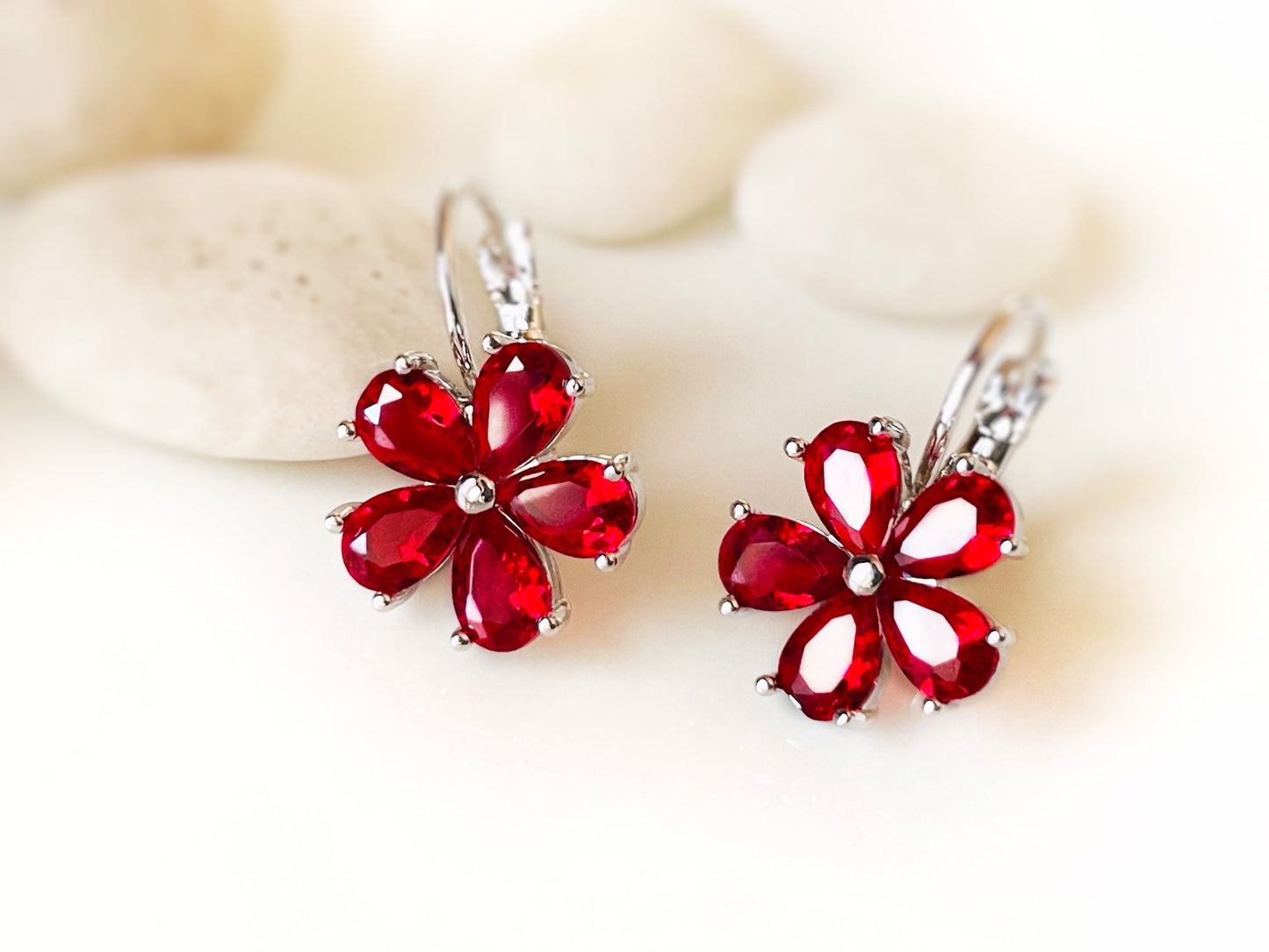 Ruby red flower lever back dangle earrings, red gemstone flower drop earrings, July birthstone earrings, gift for her, gift for mom