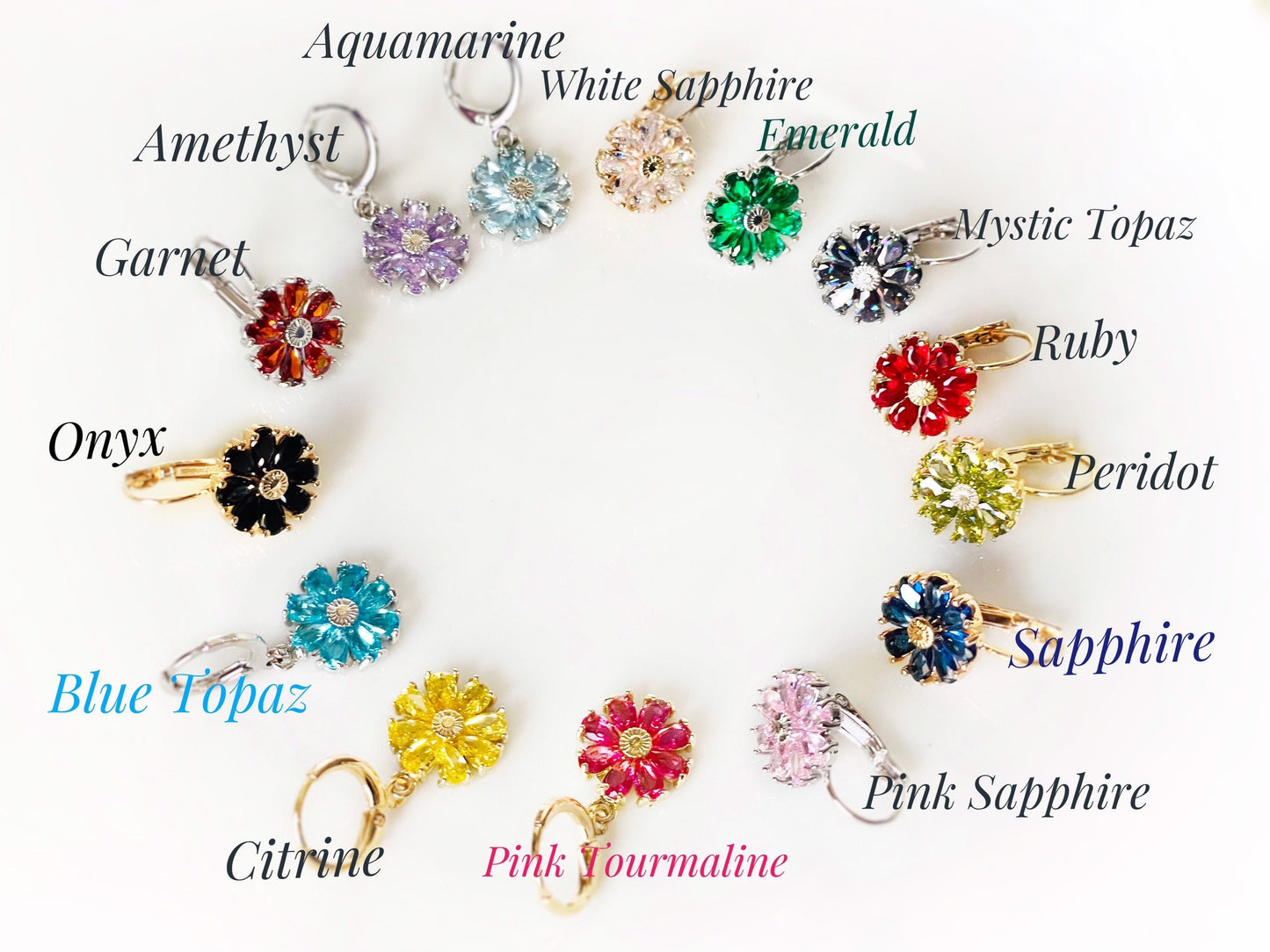 Mystic topaz flower dangle earrings, rainbow black gemstone daisy flower drop earrings, gift for mom, gift for her, June birthstone