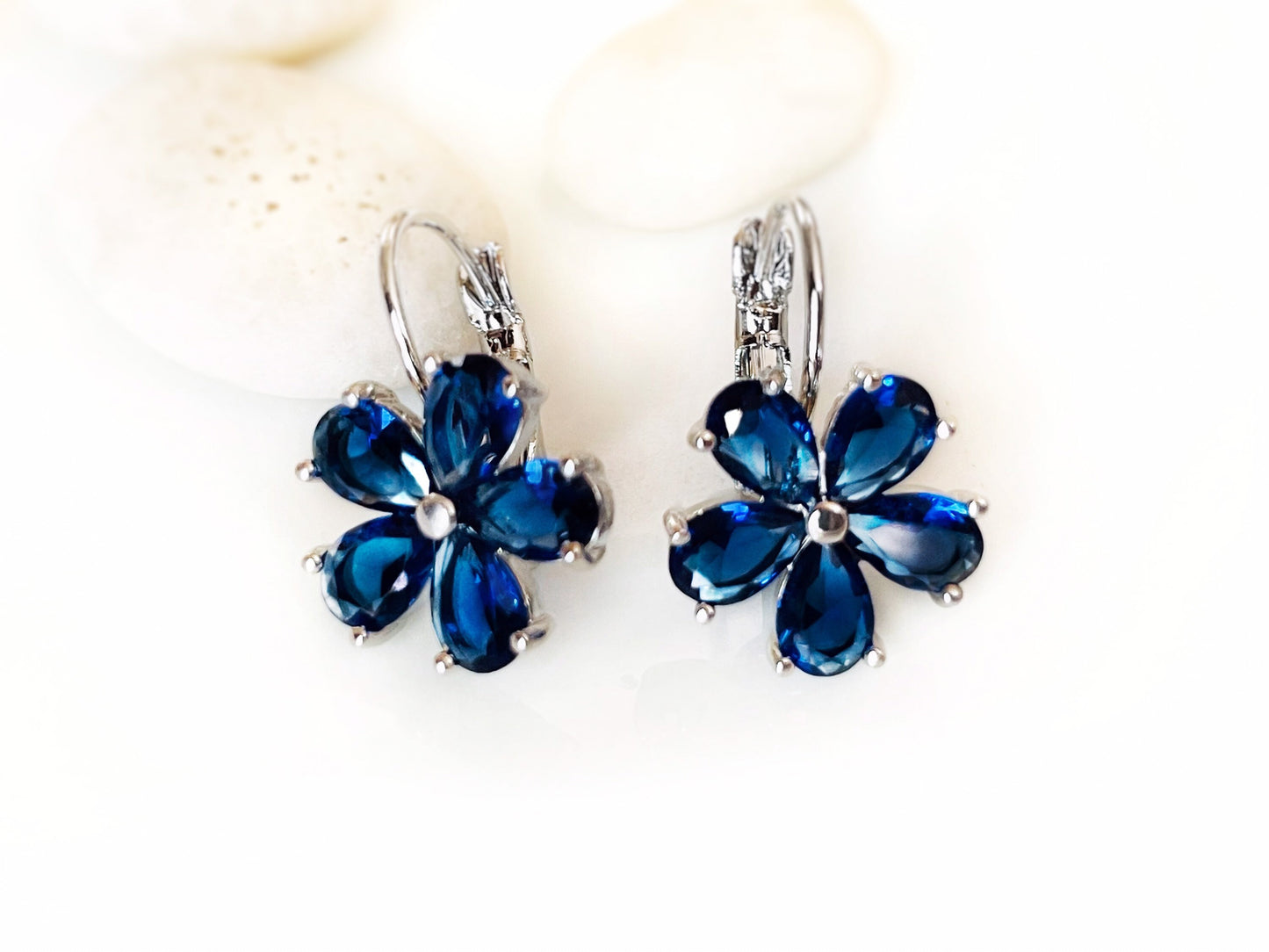 Ruby red flower lever back dangle earrings, red gemstone flower drop earrings, July birthstone earrings, gift for her, gift for mom