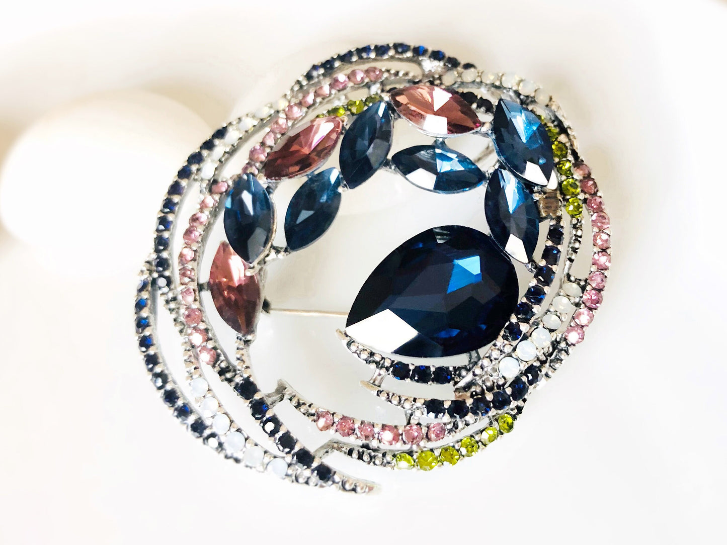 Large clustered crystal brooch pendant, black silver statement brooch pin, gift for her