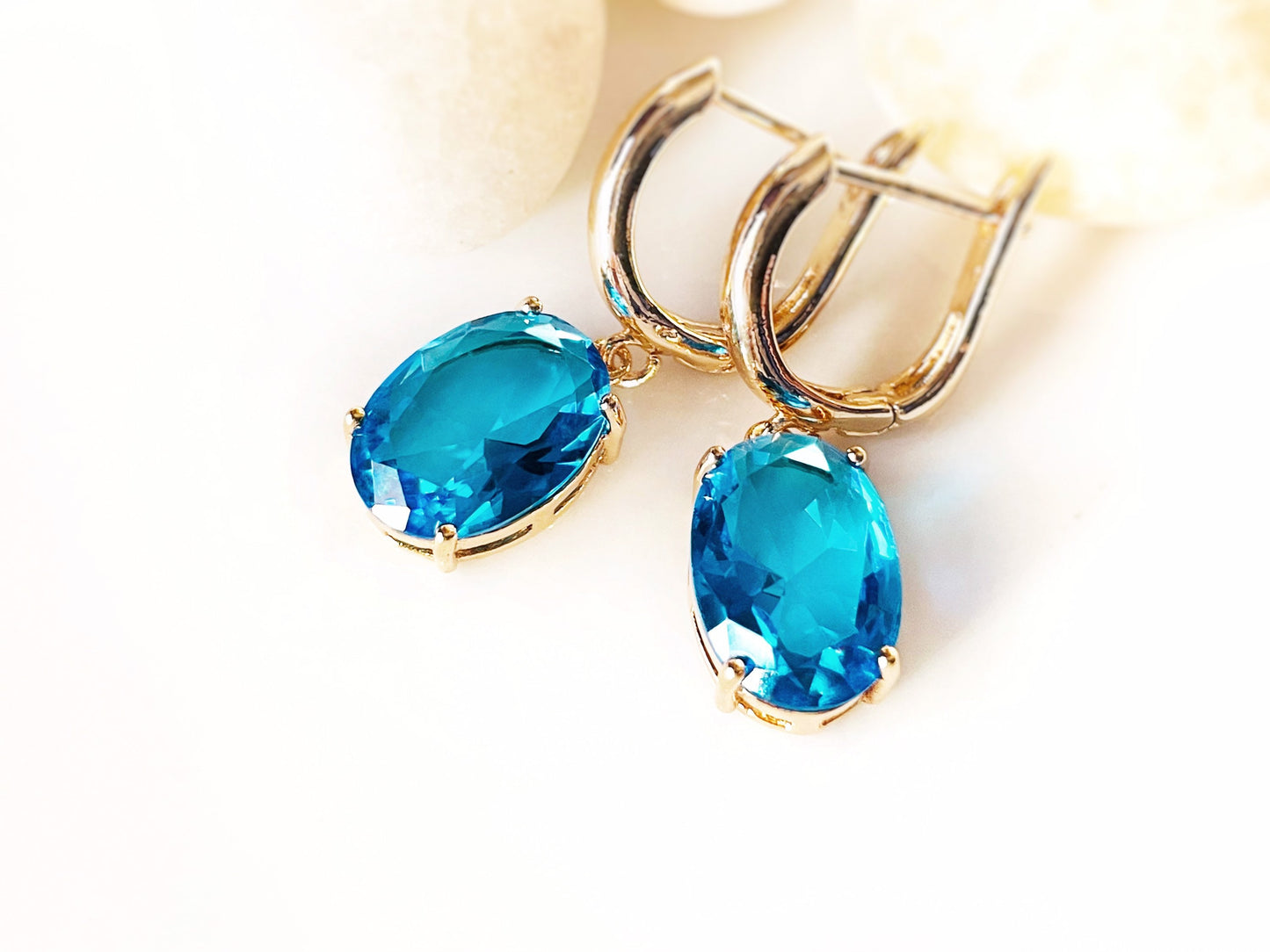 Large cushion cut blue topaz dangle earrings, blue gem drop earrings, gift for her, azure bridal earrings, December birthday gift