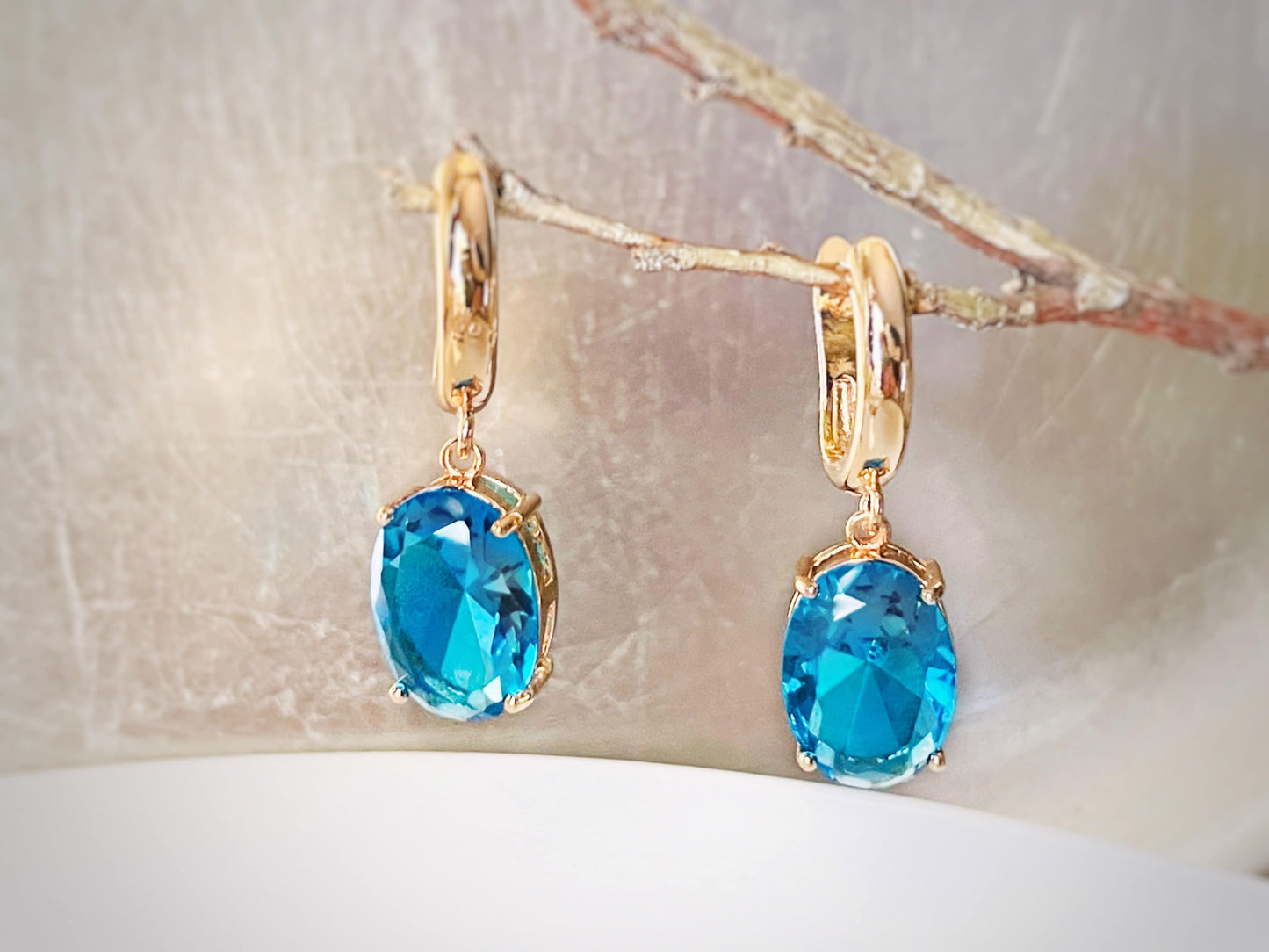 Large cushion cut blue topaz dangle earrings, blue gem drop earrings, gift for her, azure bridal earrings, December birthday gift