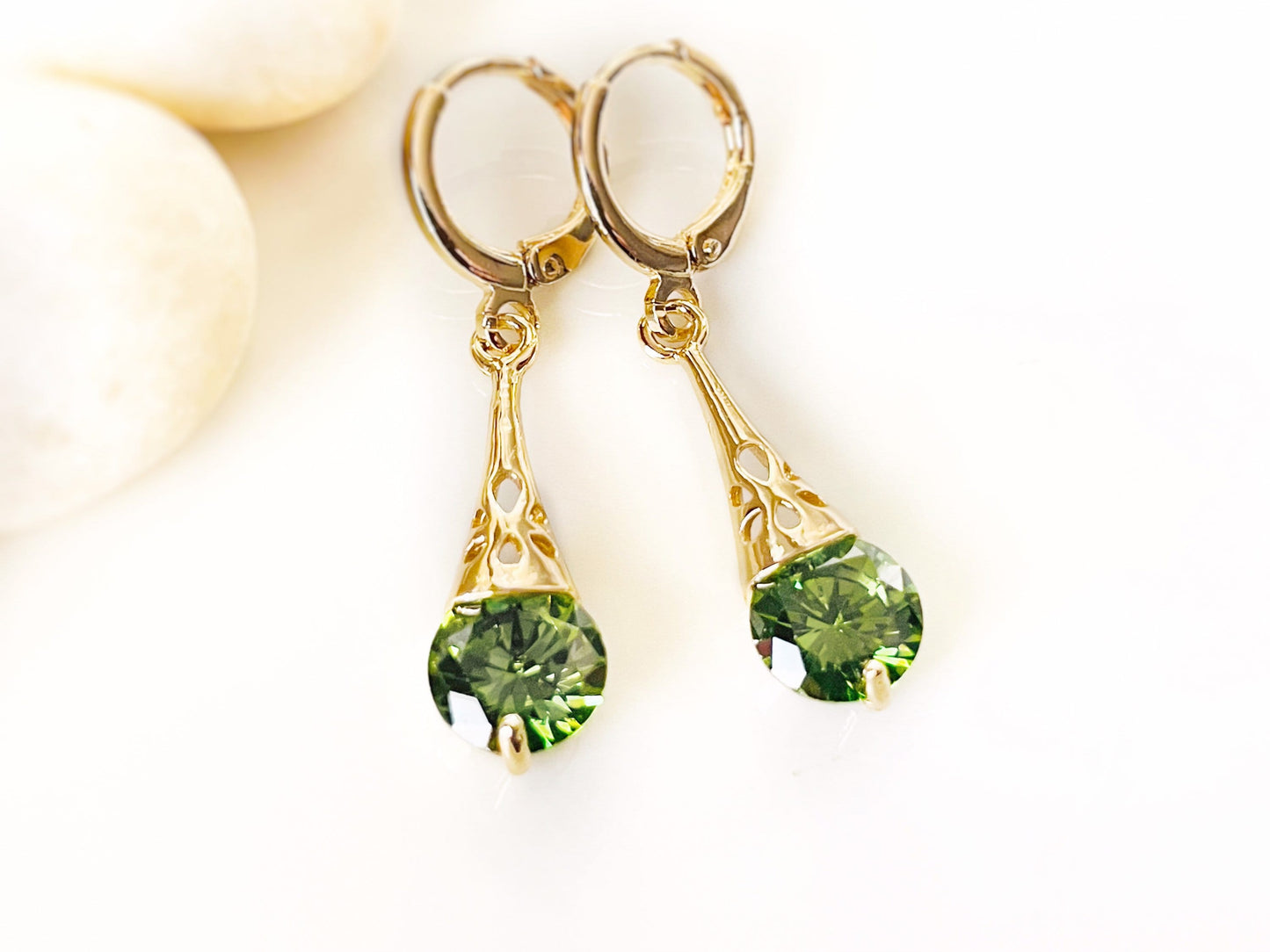 Peridot filigree dangle earrings, small olive green gemstone dangles, gift for her, gift for daughter, August birthstone