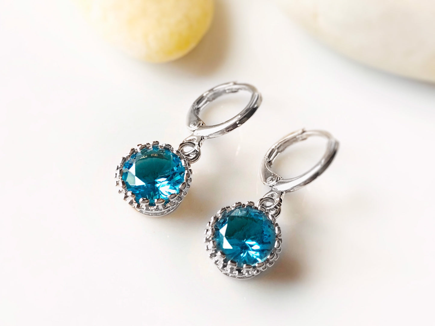 Blue topaz 8mm bezel dangle earrings, blue round gemstone drop earrings, gift for her, gift for daughter, December birthstone