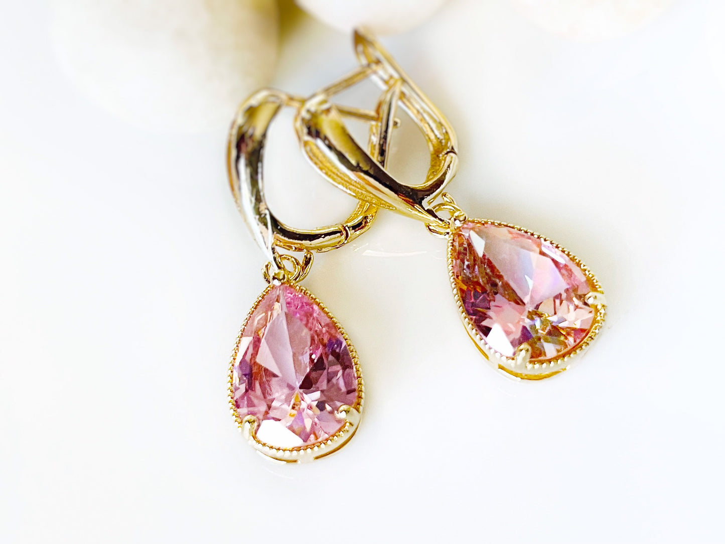 Large Pink sapphire dangle earrings, large teardrop pink gemstone drop earrings, gift for her, gift for mom, October birthstone