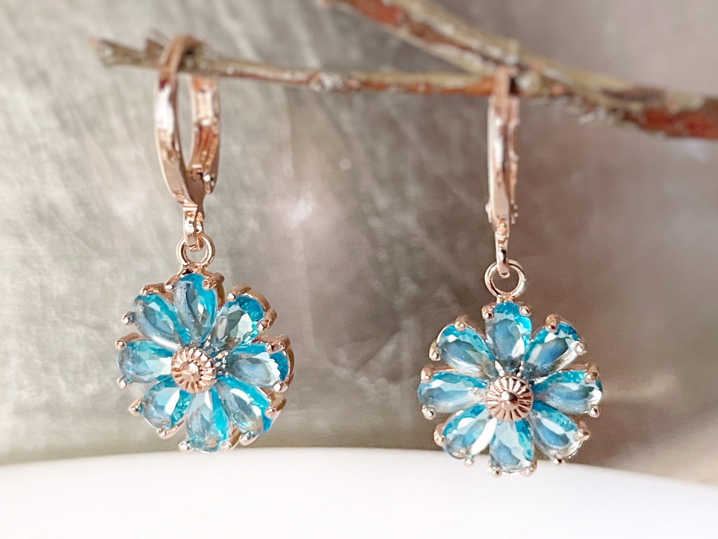 Blue topaz daisy 2pc jewelry set, blue gemstone flower dangle earrings, blue topaz earring necklace gift set, December birthstone gift