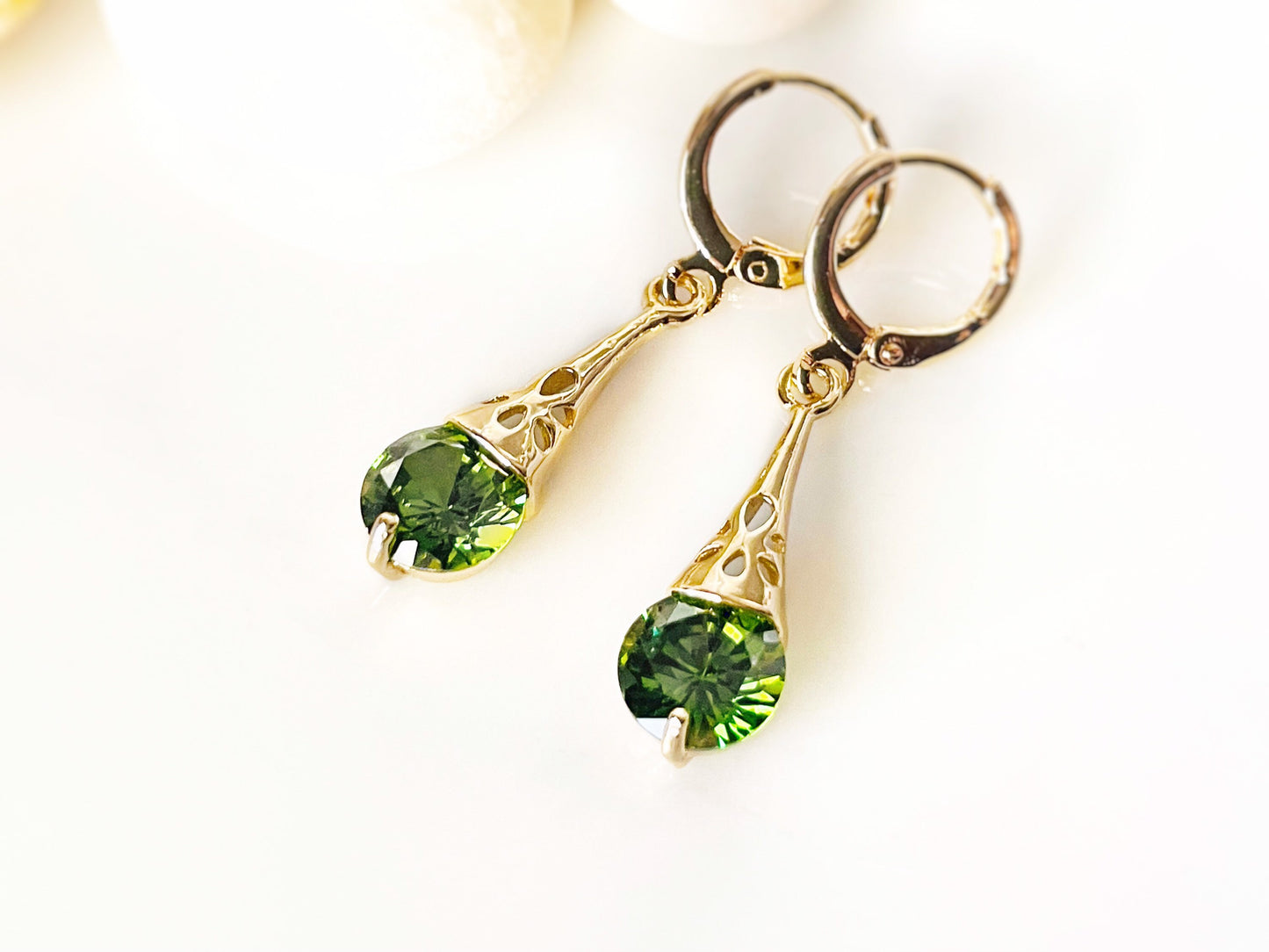 Peridot filigree dangle earrings, small olive green gemstone dangles, gift for her, gift for daughter, August birthstone
