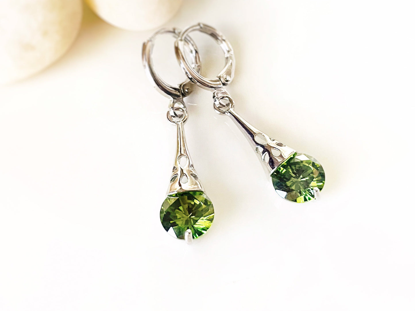 Peridot filigree dangle earrings, olive green gemstone dangles, gift for her, gift for daughter, August birthstone