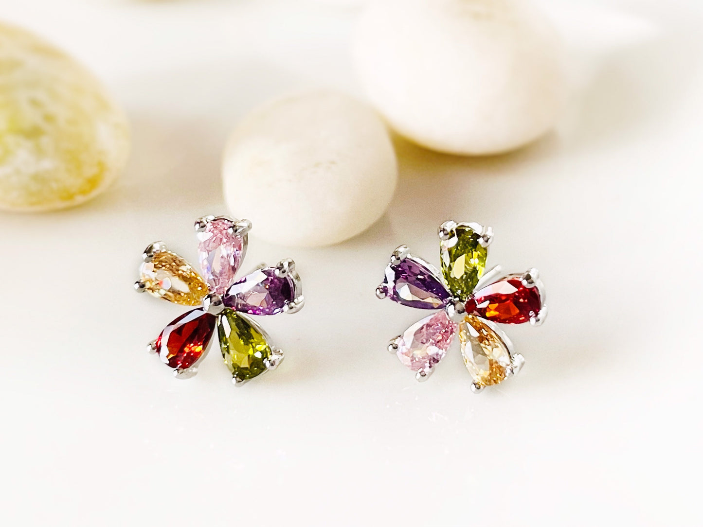 Small rainbow flower stud earrings, multicolored gemstone flower studs, gift for her, gift for girls