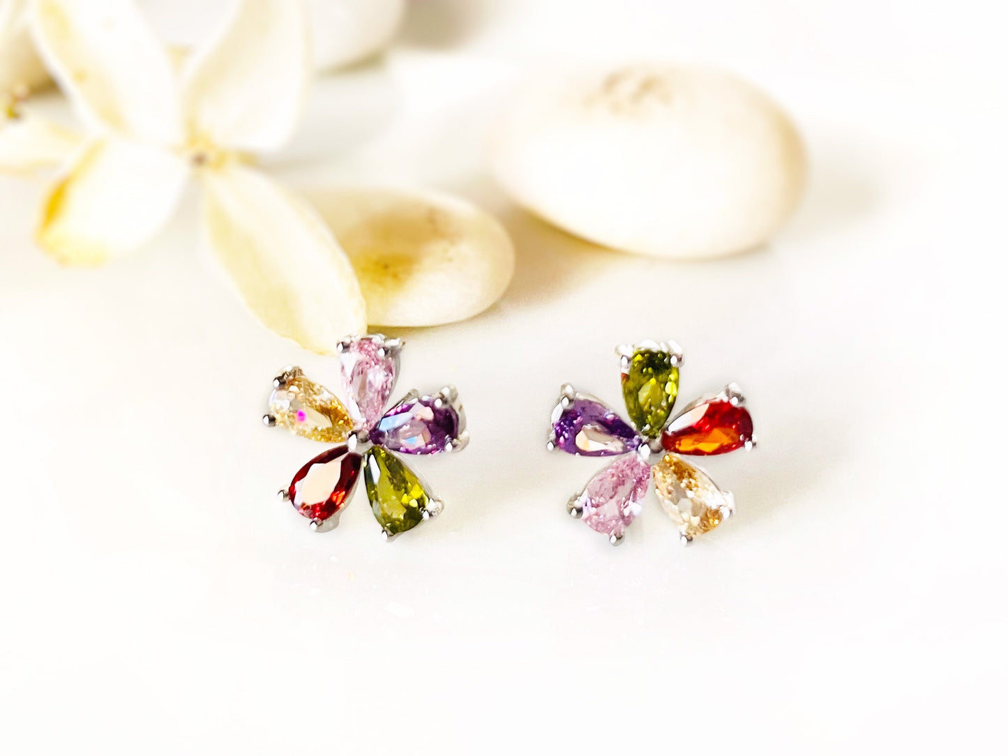 Small rainbow flower stud earrings, multicolored gemstone flower studs, gift for her, gift for girls