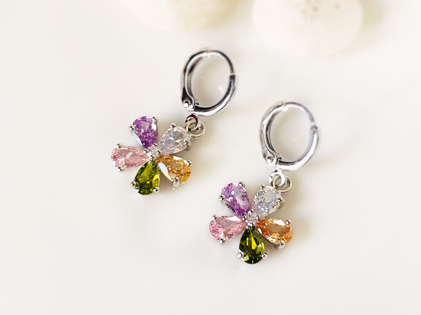 Pink sapphire flower dangle earrings, amethyst 2pc jewelry set, rainbow flower earrings, birthstone earrings, gift for her