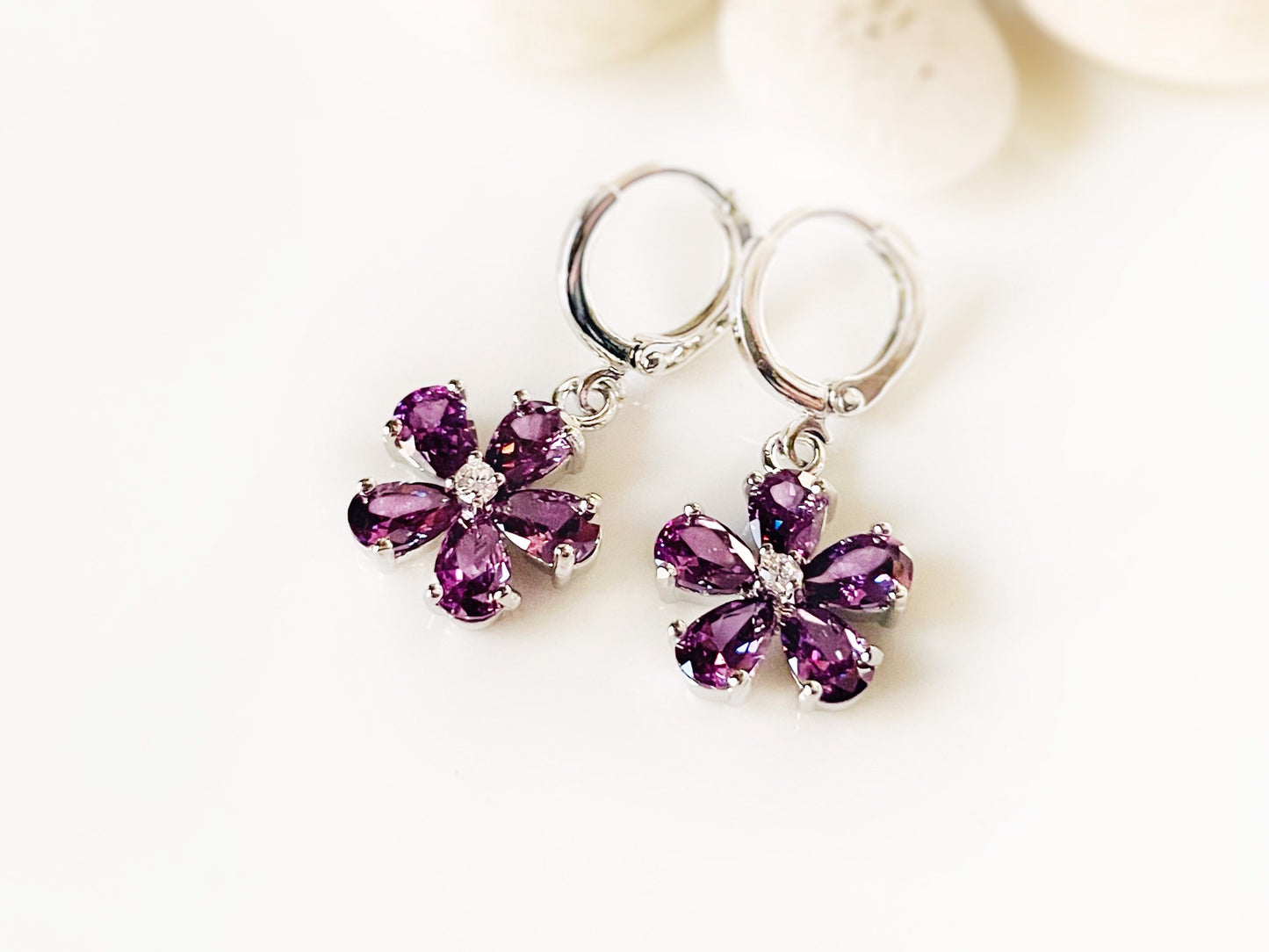 Amethyst flower dangle earrings, amethyst 2pc jewelry set, pink sapphire, rain flower earrings, birthstone earrings, gift for her
