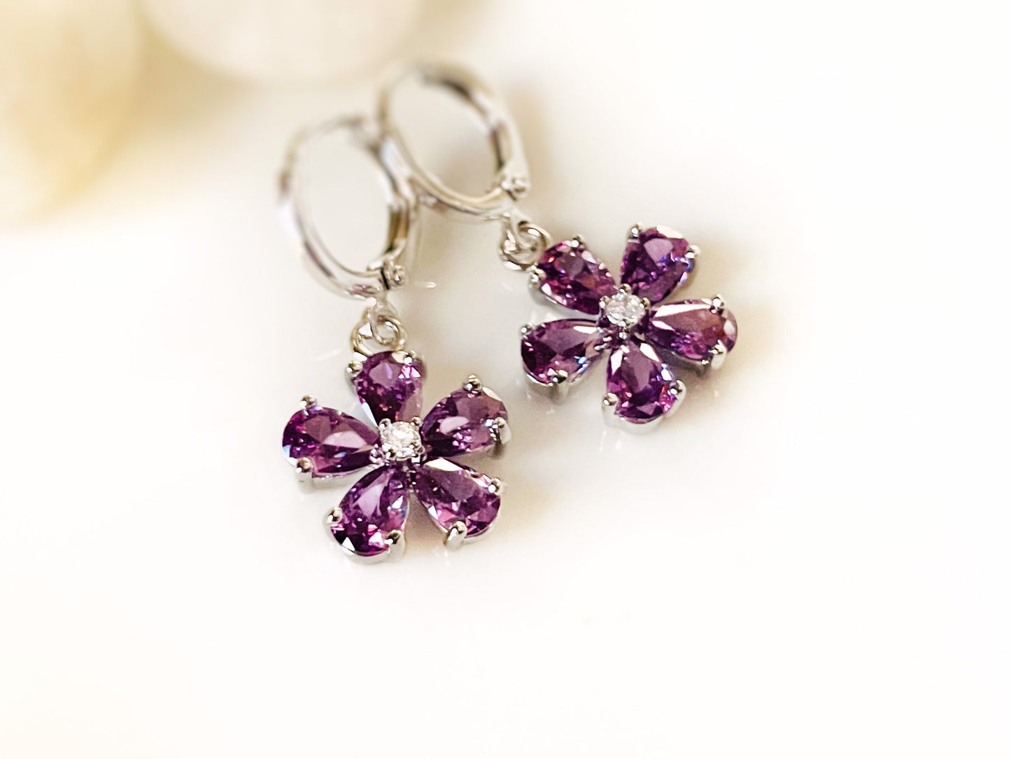 Amethyst flower dangle earrings, amethyst 2pc jewelry set, pink sapphire, rain flower earrings, birthstone earrings, gift for her
