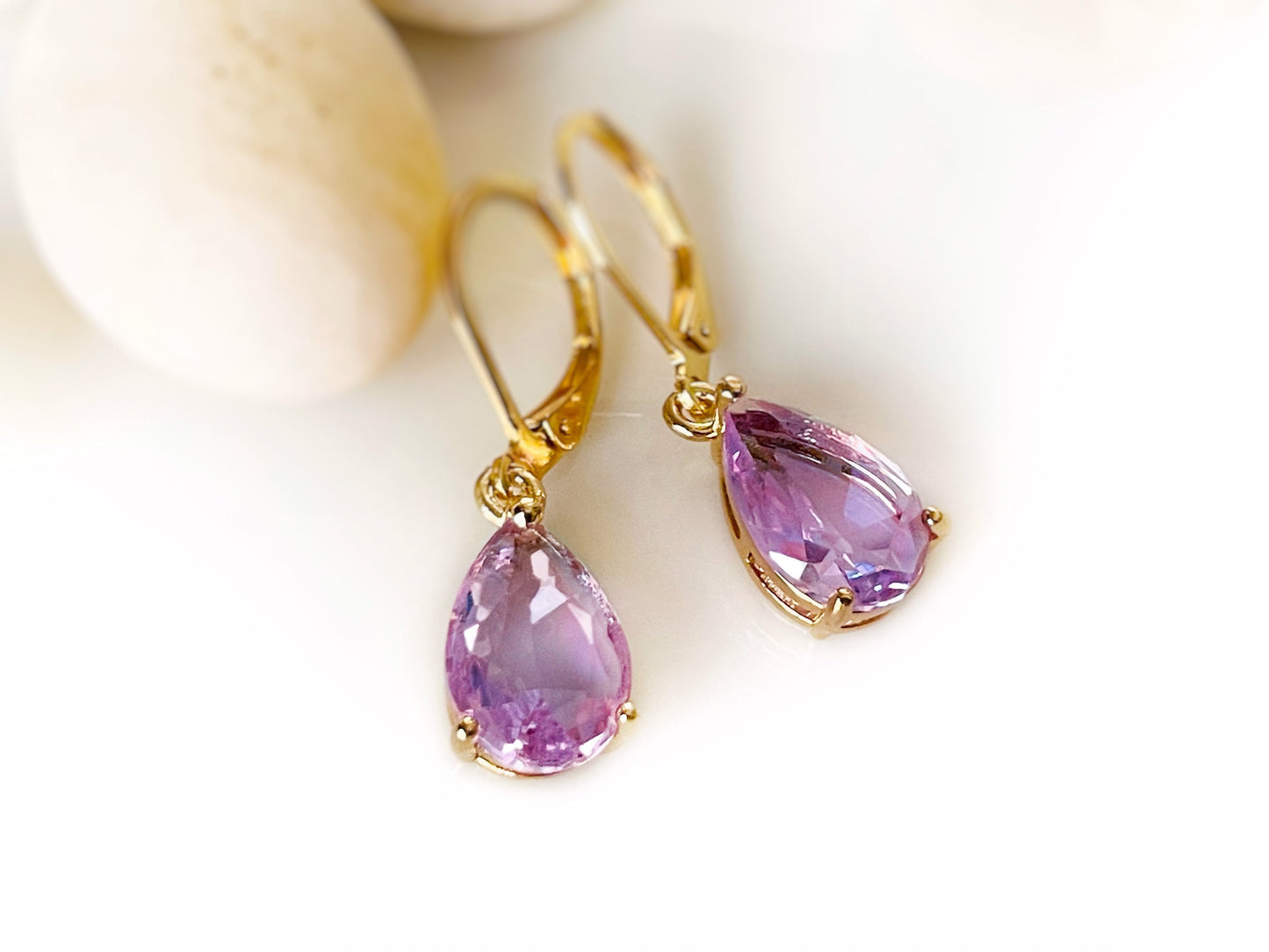 Teardrop pink sapphire dangle earrings gold, pink gemstone drop earrings, gift for her, gift for mom, October birthstone