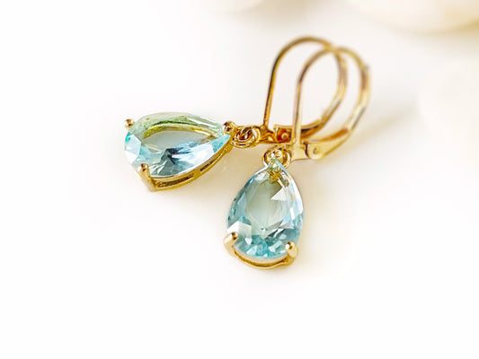 Teardrop aquamarine dangle earrings gold, light blue gemstone drop earrings, gift for her, gift for mom, March birthstone