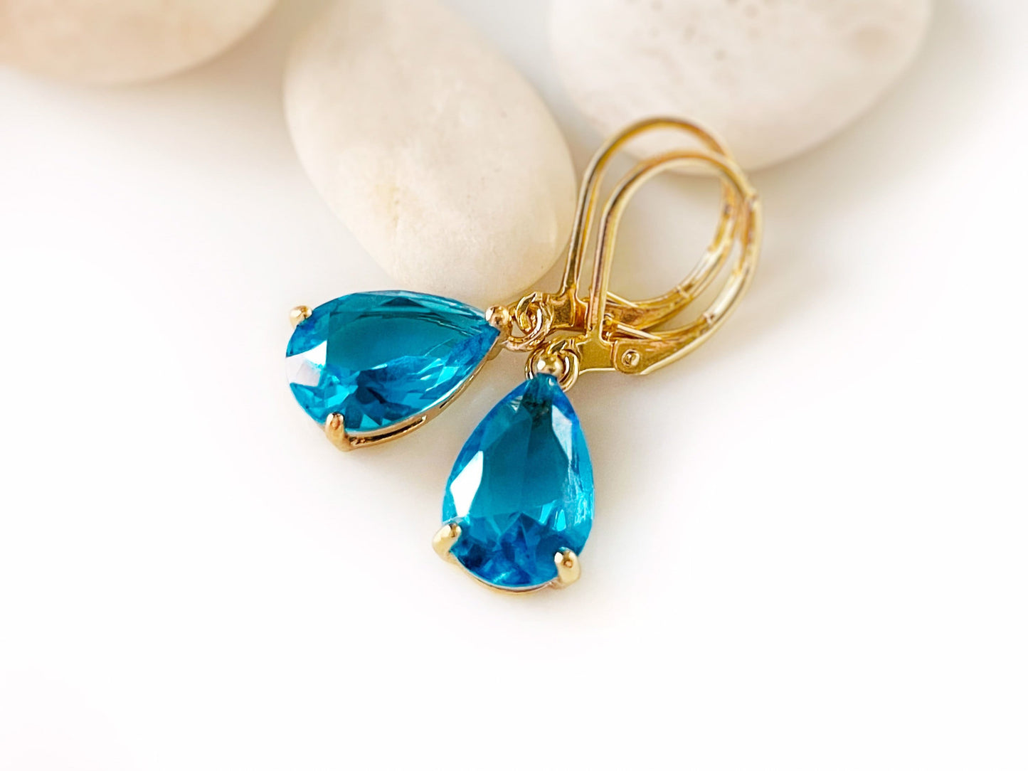 Teardrop blue topaz dangle earrings gold, blue gemstone drop earrings, gift for her, gift for mom, December birthstone