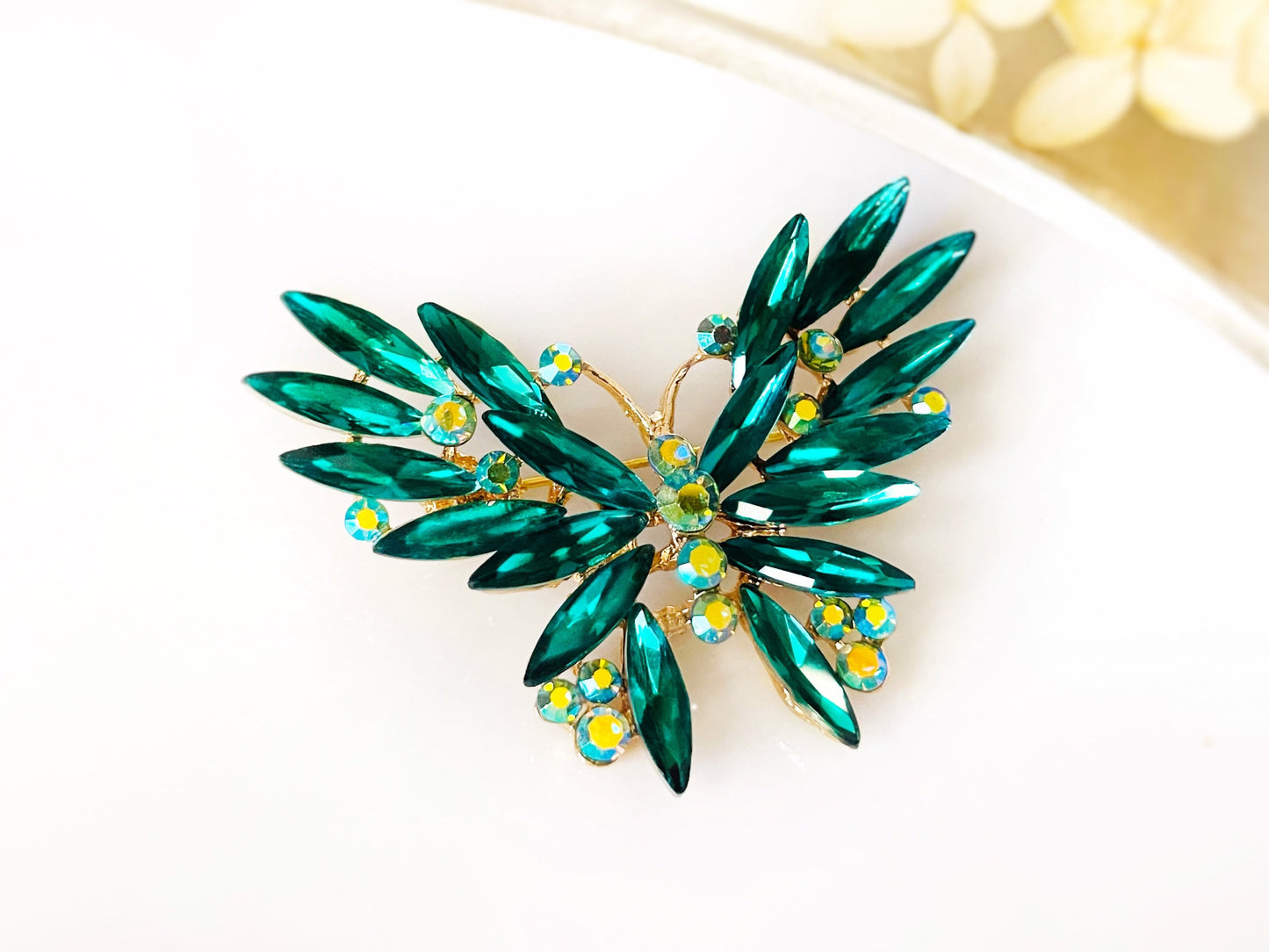 Emerald green butterfly fancy crystal brooch pin, large green crystal brooch, statement brooch, gift for her, gift for mom