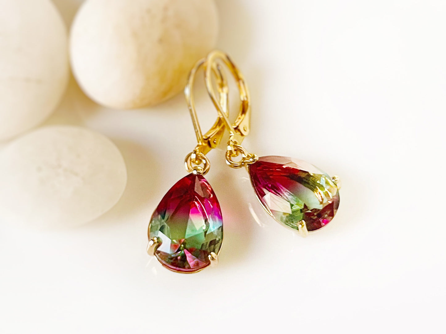 Bicolor tourmaline dangle earrings, bicolor red blue crystal earrings, gift for her, gift for mom