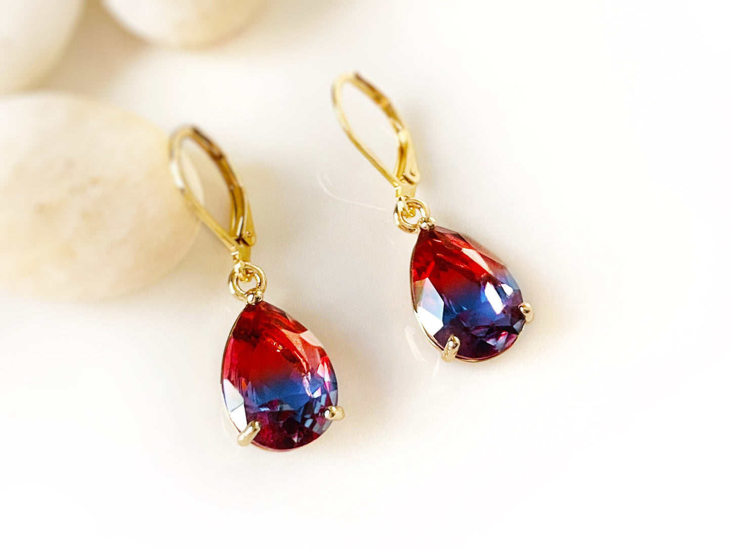 Bicolor tourmaline dangle earrings, bicolor red blue crystal earrings, gift for her, gift for mom