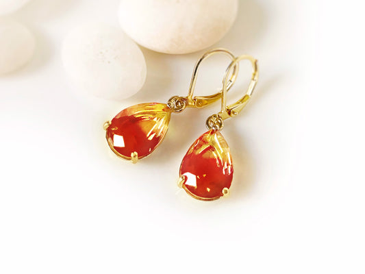 Bicolor imperial topaz dangle earring, orange yellow teardrop earrings, gift for her, gift for mom