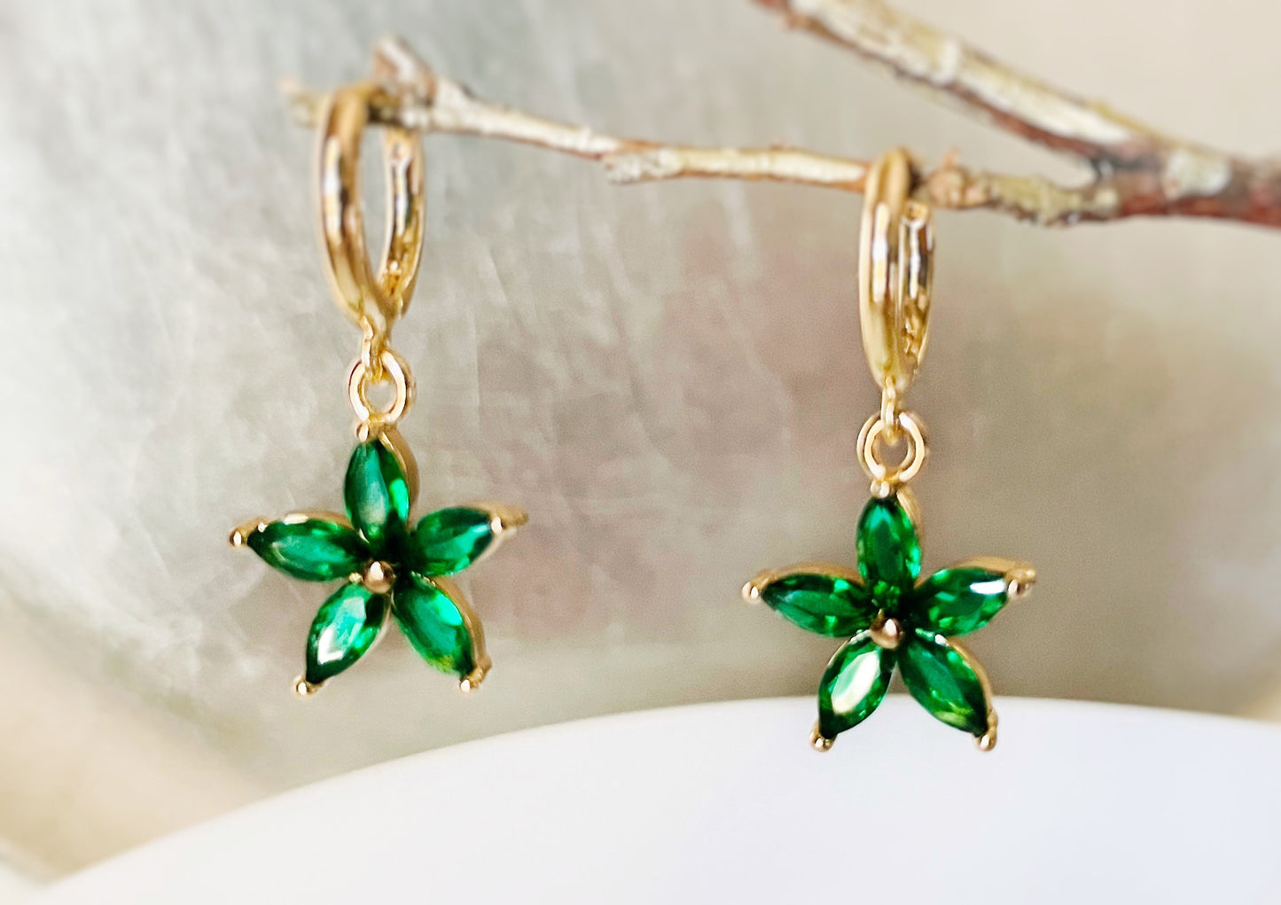 Ruby flower dangle earrings in 14k gold, red flower drop earrings, July birthstone earrings, gift for mom, gift for her