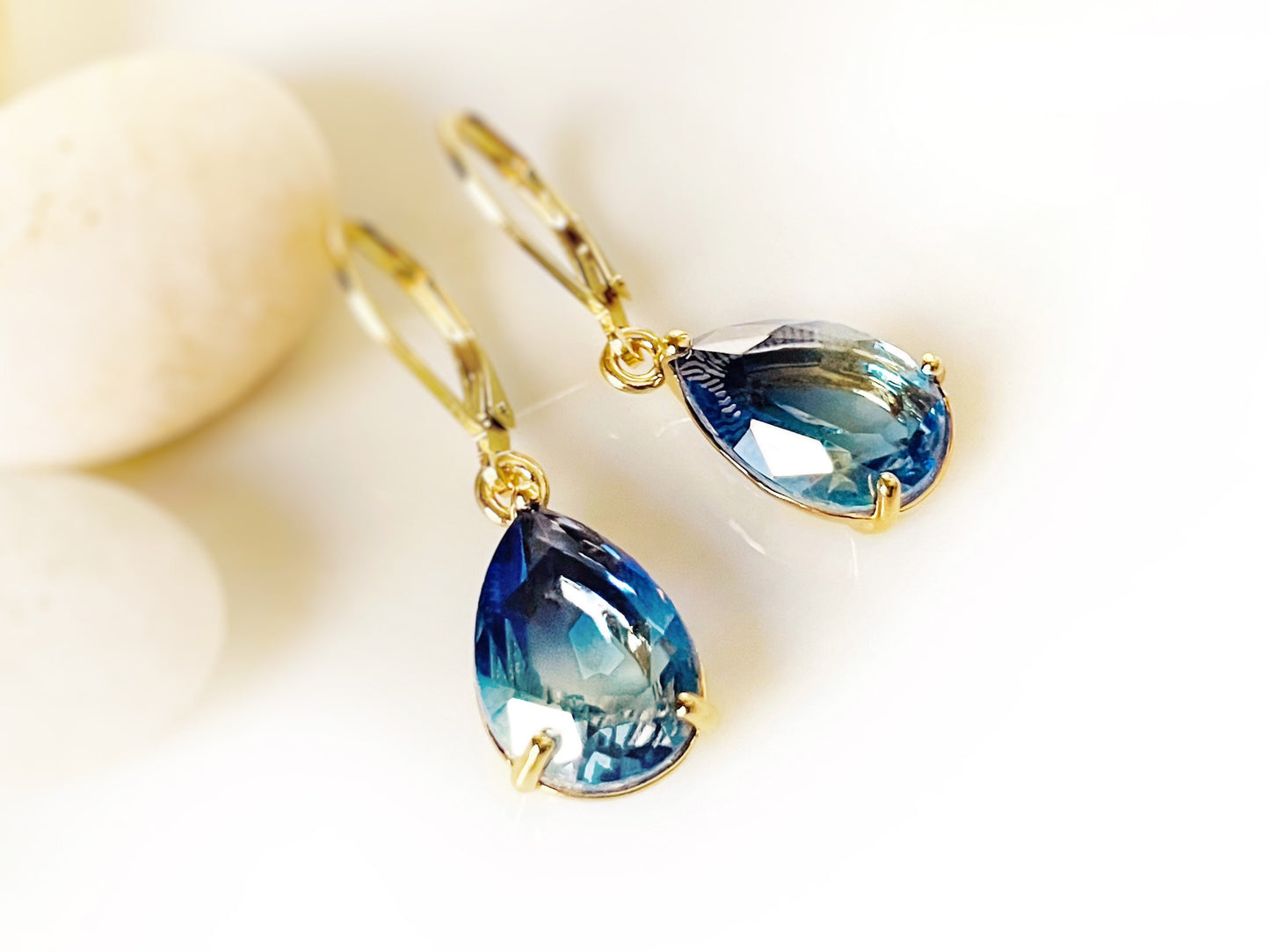 Bicolor Sapphire dangle earrings, blue green teardrop earrings, gift for her, gift for mom