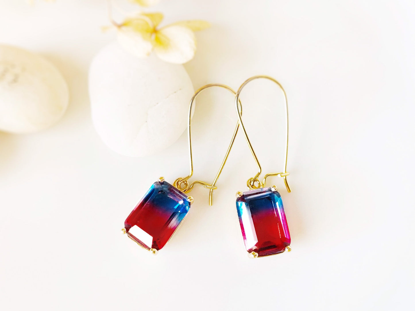 Bicolor red navy tourmaline emerald cut dangle earrings gold , red blue crystal drop earrings, gift for her, gift for mom