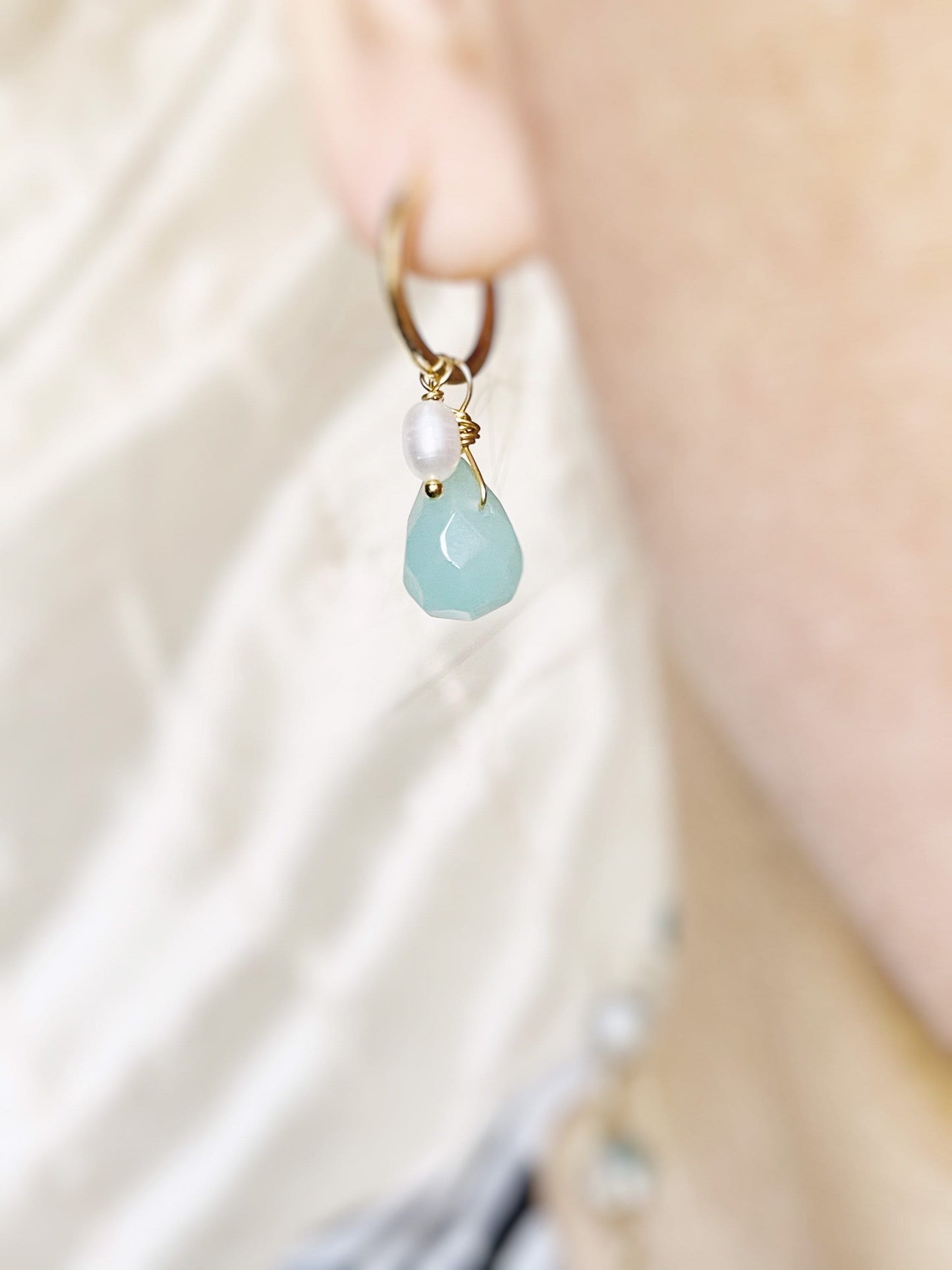 Natural amazonite teardrop pearl dangle earrings gold, blue green teal gemstone drop earrings, gift for mom, gift for her
