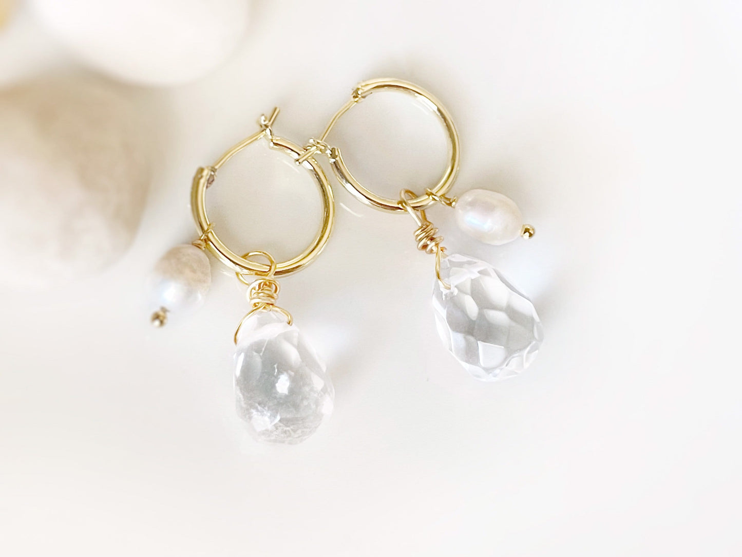 White quartz teardrop pearl dangle earrings gold, natural rock crystal gemstone pearl earrings, April birthstone, gift for her, gift for mom