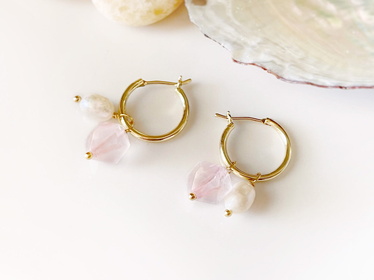 Golden citrine pearl gold hoop earrings, handmade natural yellow gemstone pearl earrings, gift for her, gift for mom, November birthstone