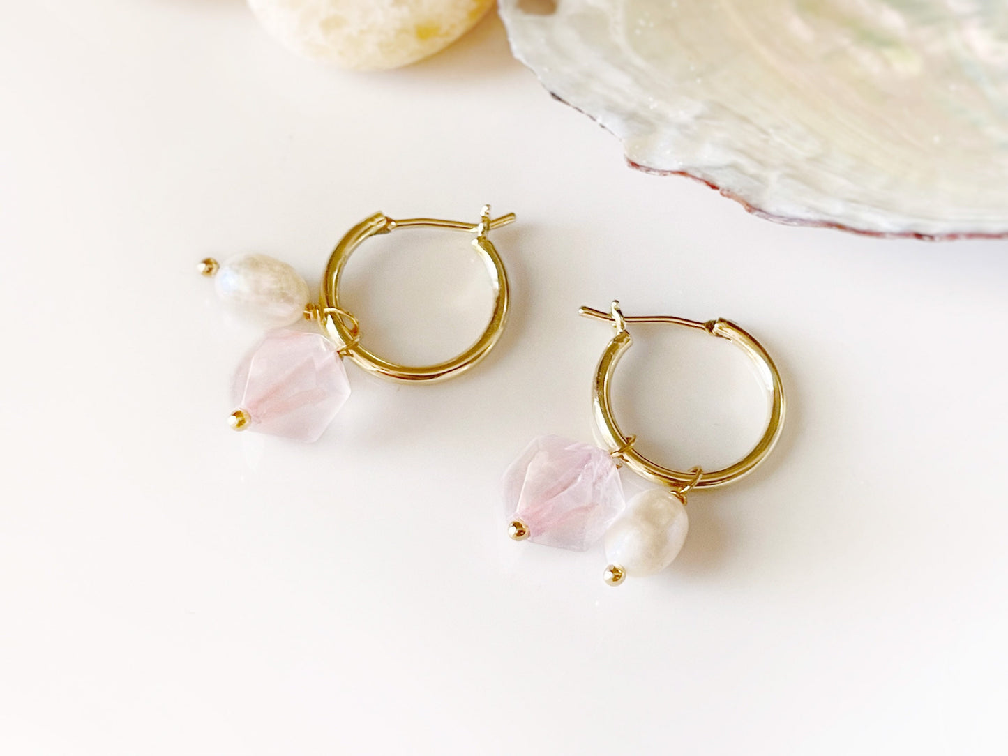Rose quartz pearl gold hoop earrings, handmade natural pink gemstone pearl earrings, gift for her, gift for mom, October birthstone