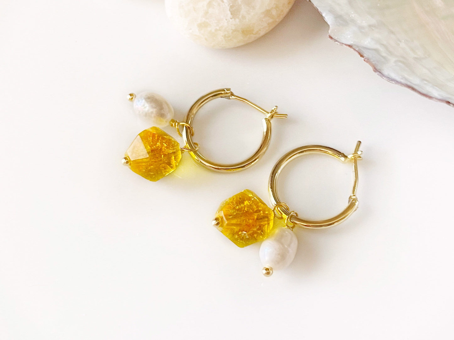 Golden citrine pearl gold hoop earrings, handmade natural yellow gemstone pearl earrings, gift for her, gift for mom, November birthstone