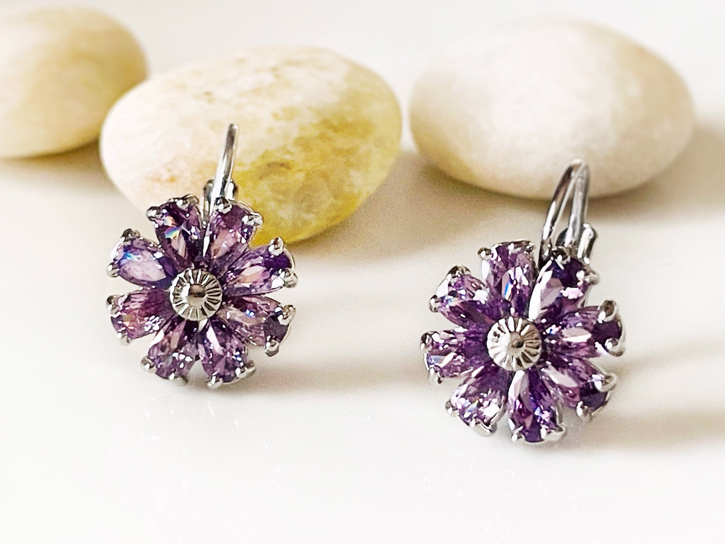 Amethyst flower dangle earrings, purple gemstone daisy flower earrings, February birthstone earrings, gift for mom, gift for her