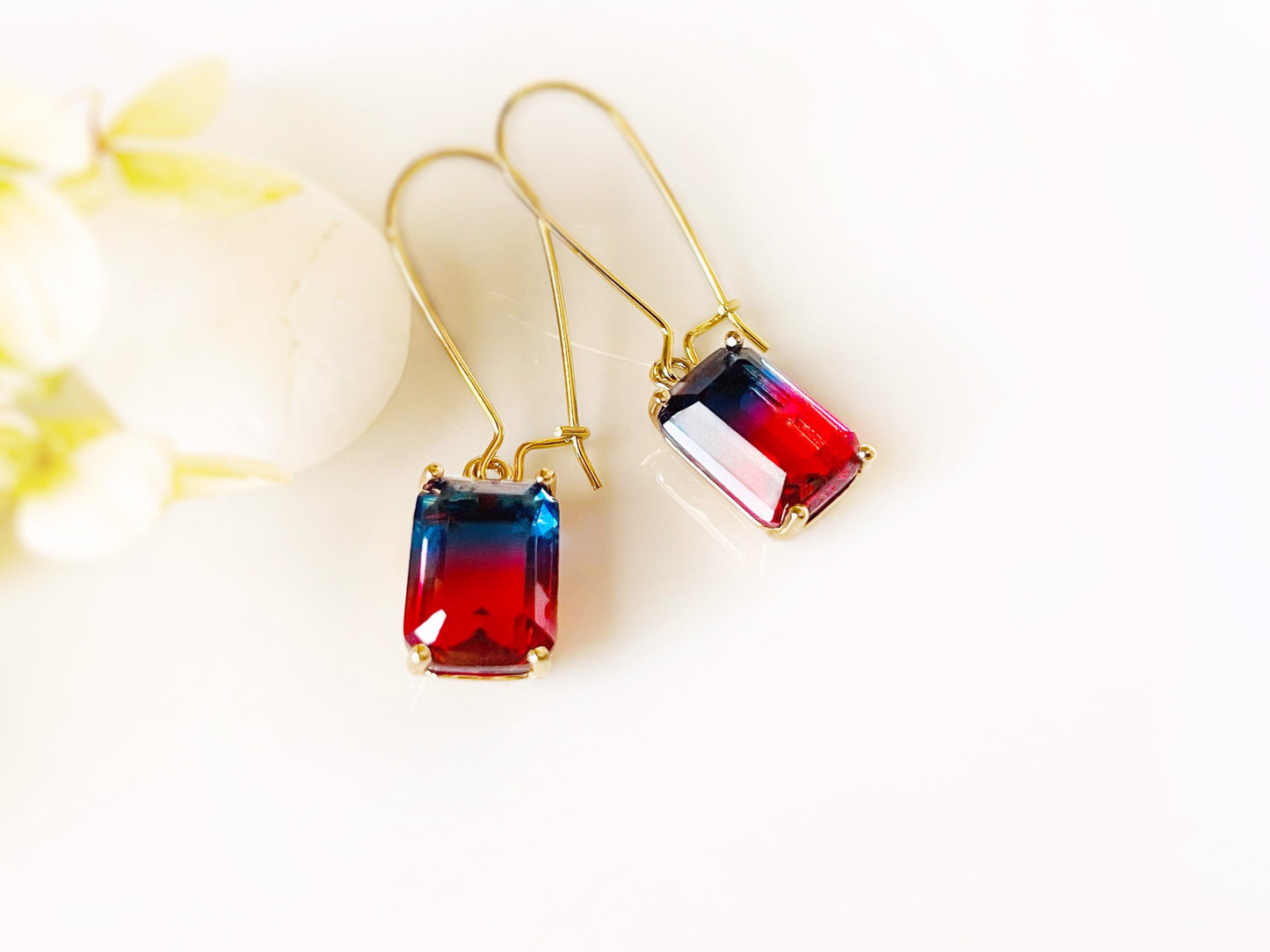 Bicolor red navy tourmaline emerald cut dangle earrings gold , red blue crystal drop earrings, gift for her, gift for mom