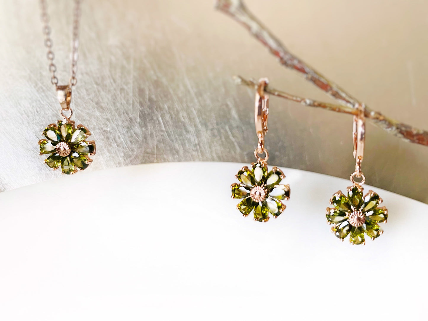 Peridot daisy dangle earrings, olive green gemstone flower 2pc jewelry set, green earring necklace gift set, August birthstone, gift for her