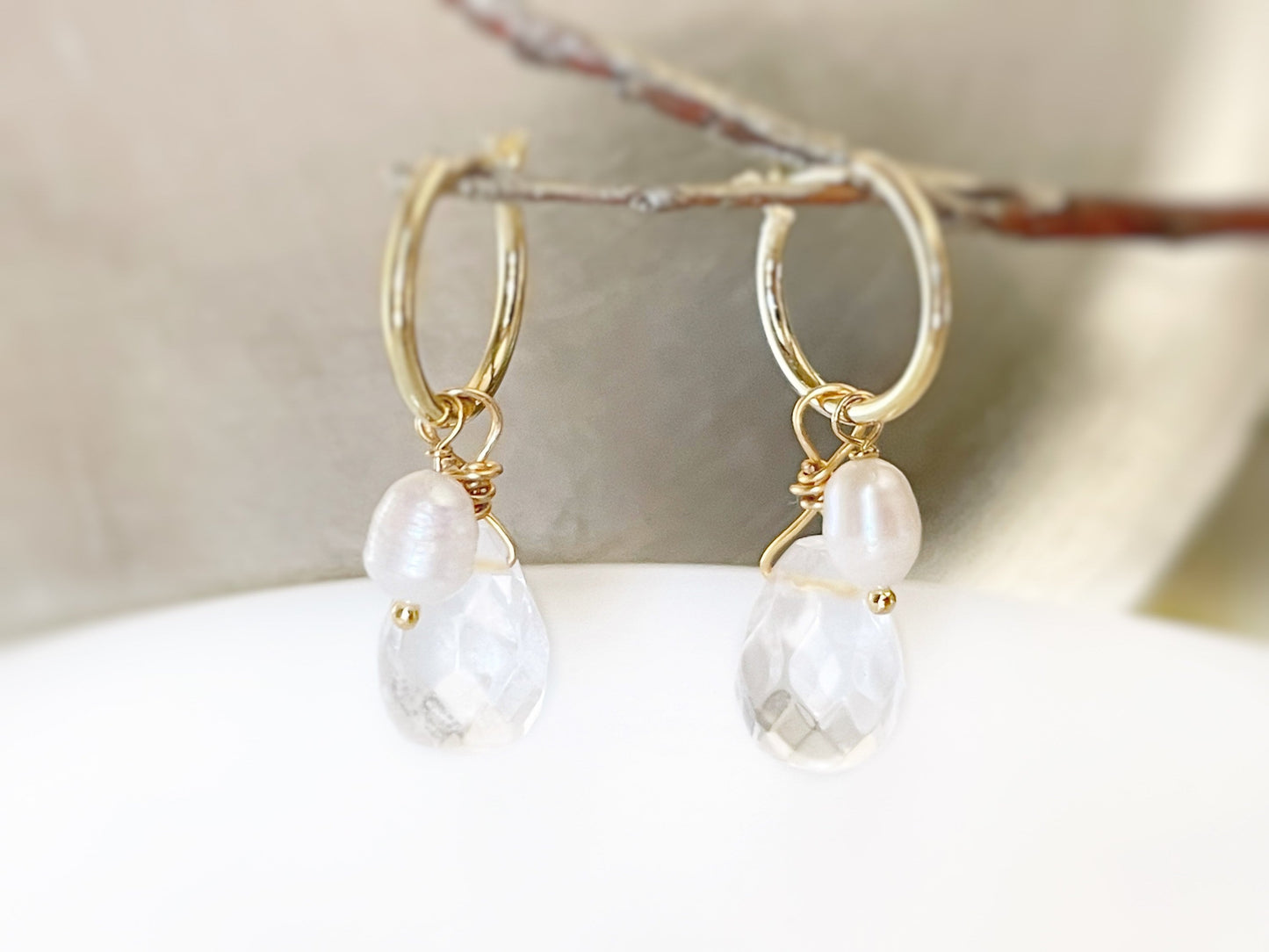 White quartz teardrop pearl dangle earrings gold, natural rock crystal gemstone pearl earrings, April birthstone, gift for her, gift for mom