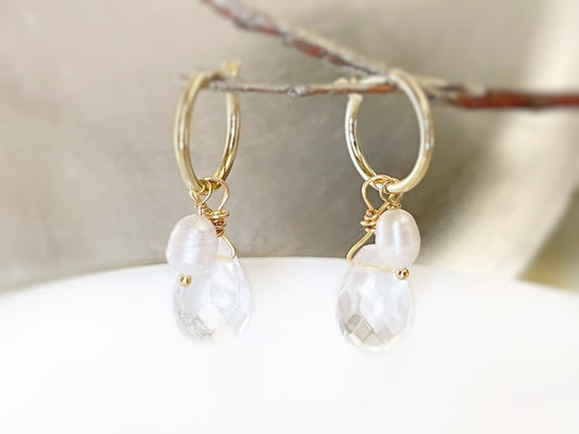 White quartz teardrop pearl dangle earrings gold, natural rock crystal gemstone pearl earrings, April birthstone, gift for her, gift for mom