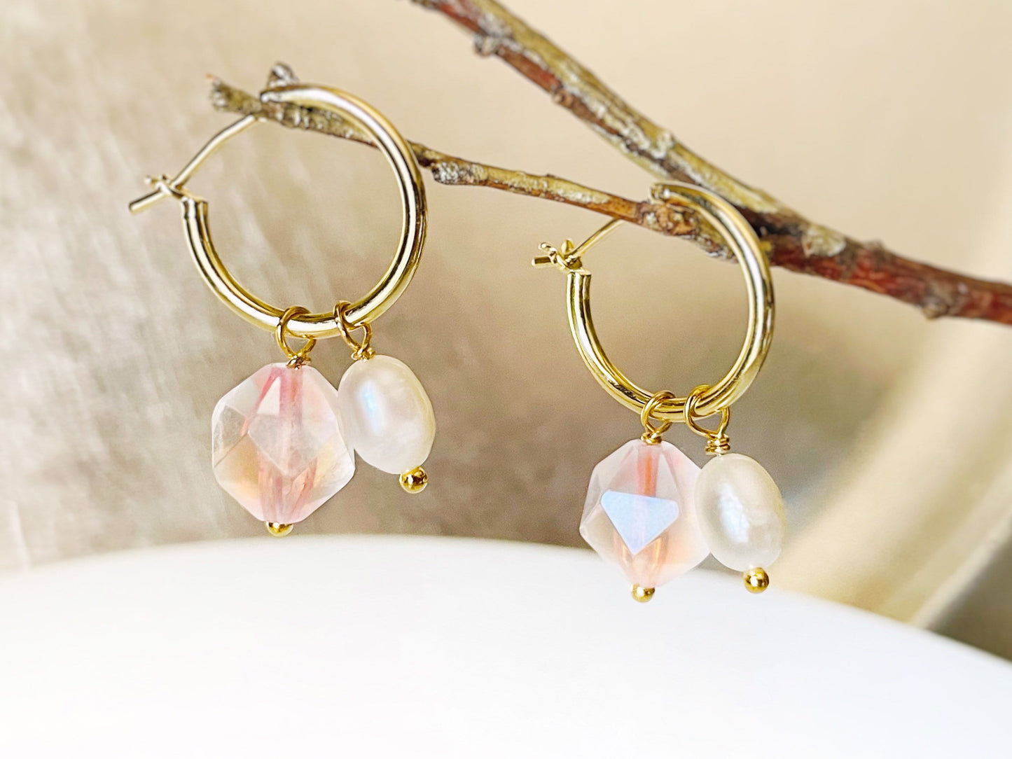 Golden citrine pearl gold hoop earrings, handmade natural yellow gemstone pearl earrings, gift for her, gift for mom, November birthstone