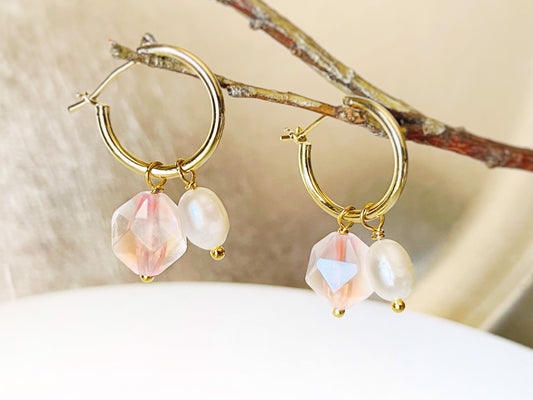 Rose quartz pearl gold hoop earrings, handmade natural pink gemstone pearl earrings, gift for her, gift for mom, October birthstone