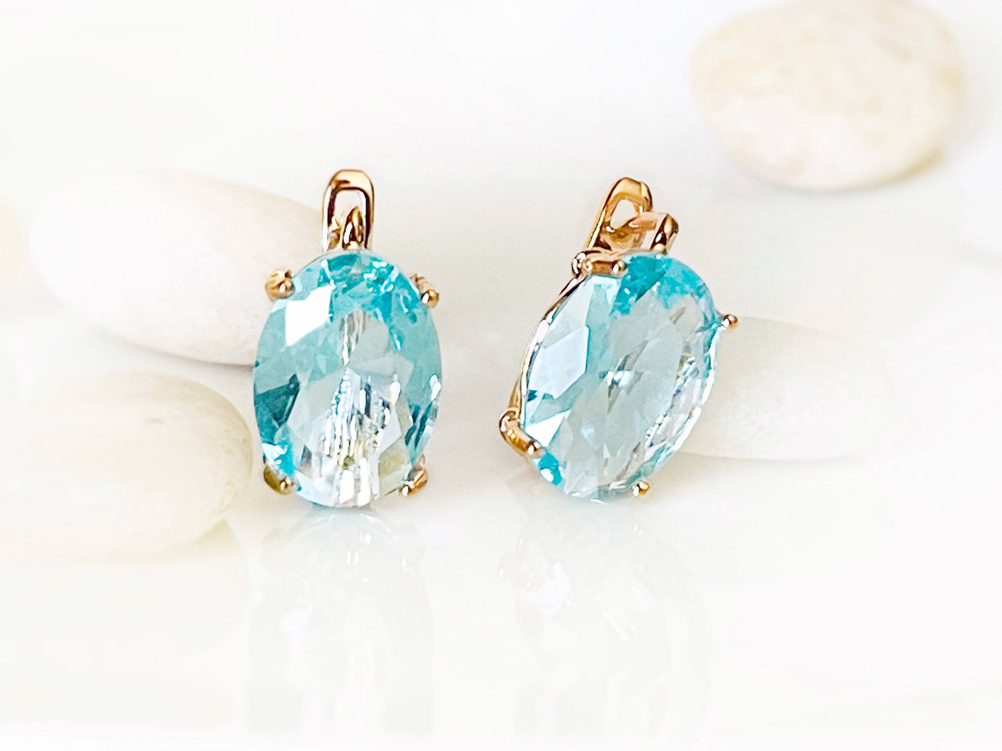Large aquamarine stud leverback earrings, light blue cushion cut bridal earrings, March birthstone, gift for her, gift for mom