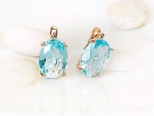 Large aquamarine stud leverback earrings, light blue cushion cut bridal earrings, March birthstone, gift for her, gift for mom