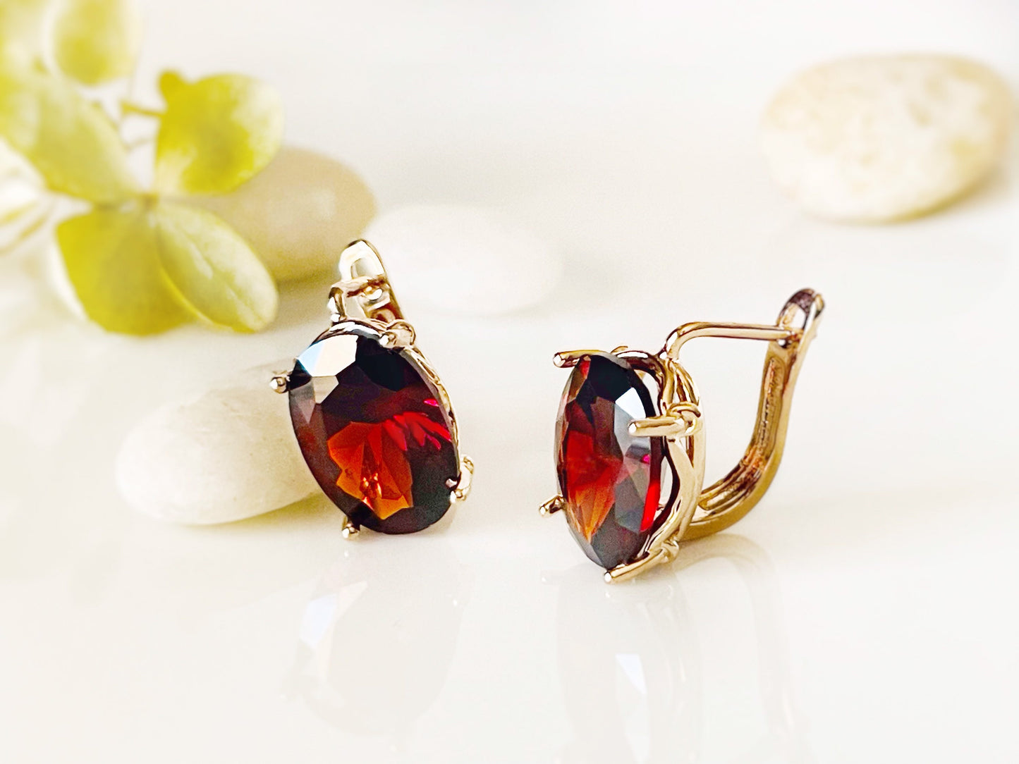 Large garnet stud leverback earrings, dark red cushion cut bridal earrings, January birthstone, gift for her, gift for mom