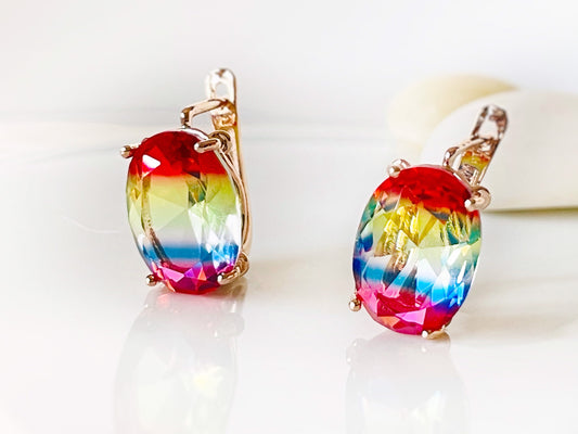 Large rainbow gem stud leverback earrings, multicolor cushion cut earrings, gift for her, gift for mom, statement stud earrings
