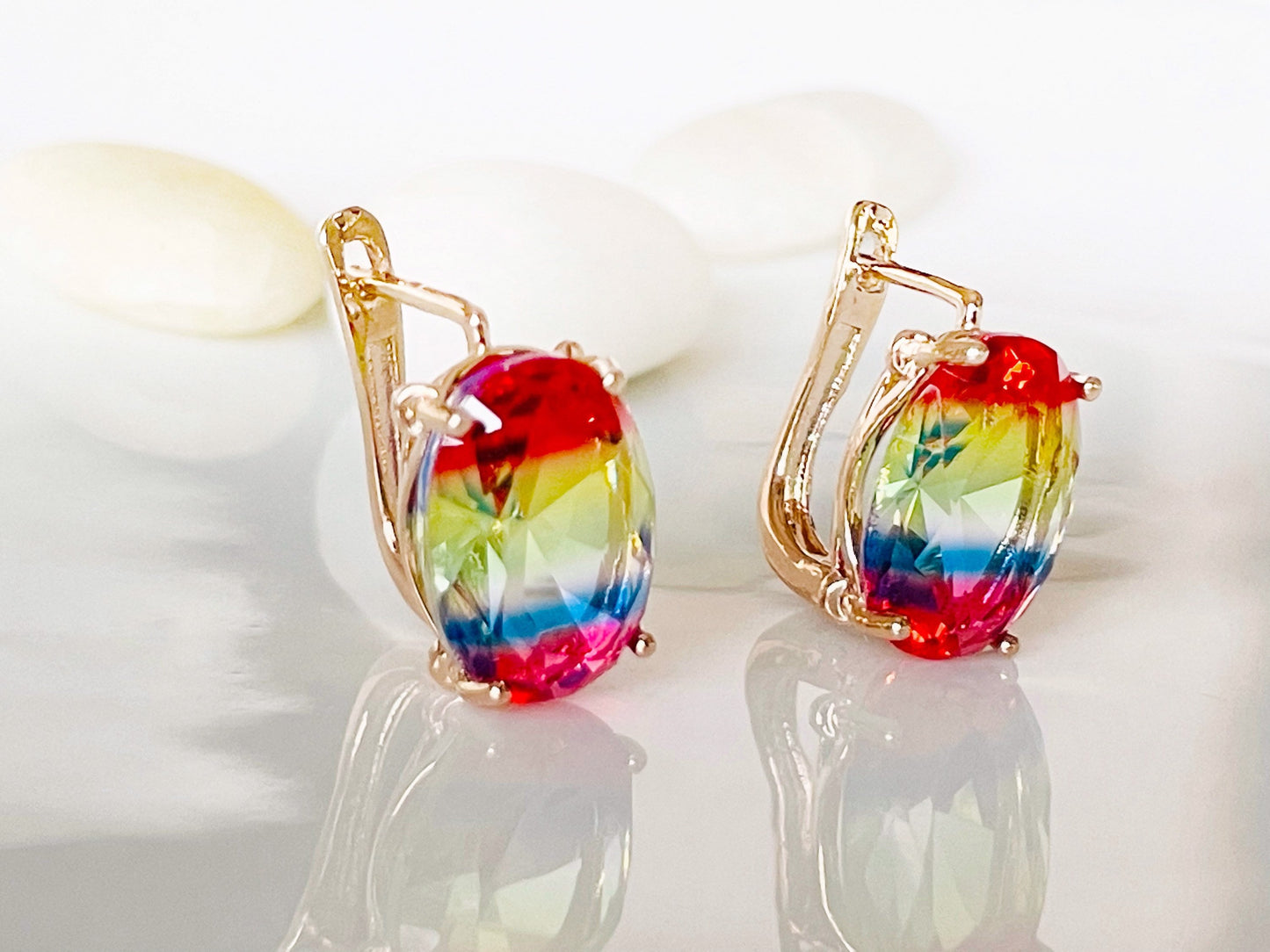 Large rainbow gem stud leverback earrings, multicolor cushion cut earrings, gift for her, gift for mom, statement stud earrings