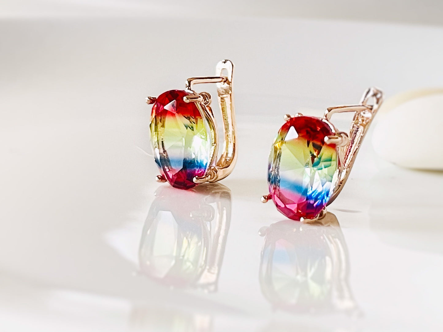 Large rainbow gem stud leverback earrings, multicolor cushion cut earrings, gift for her, gift for mom, statement stud earrings