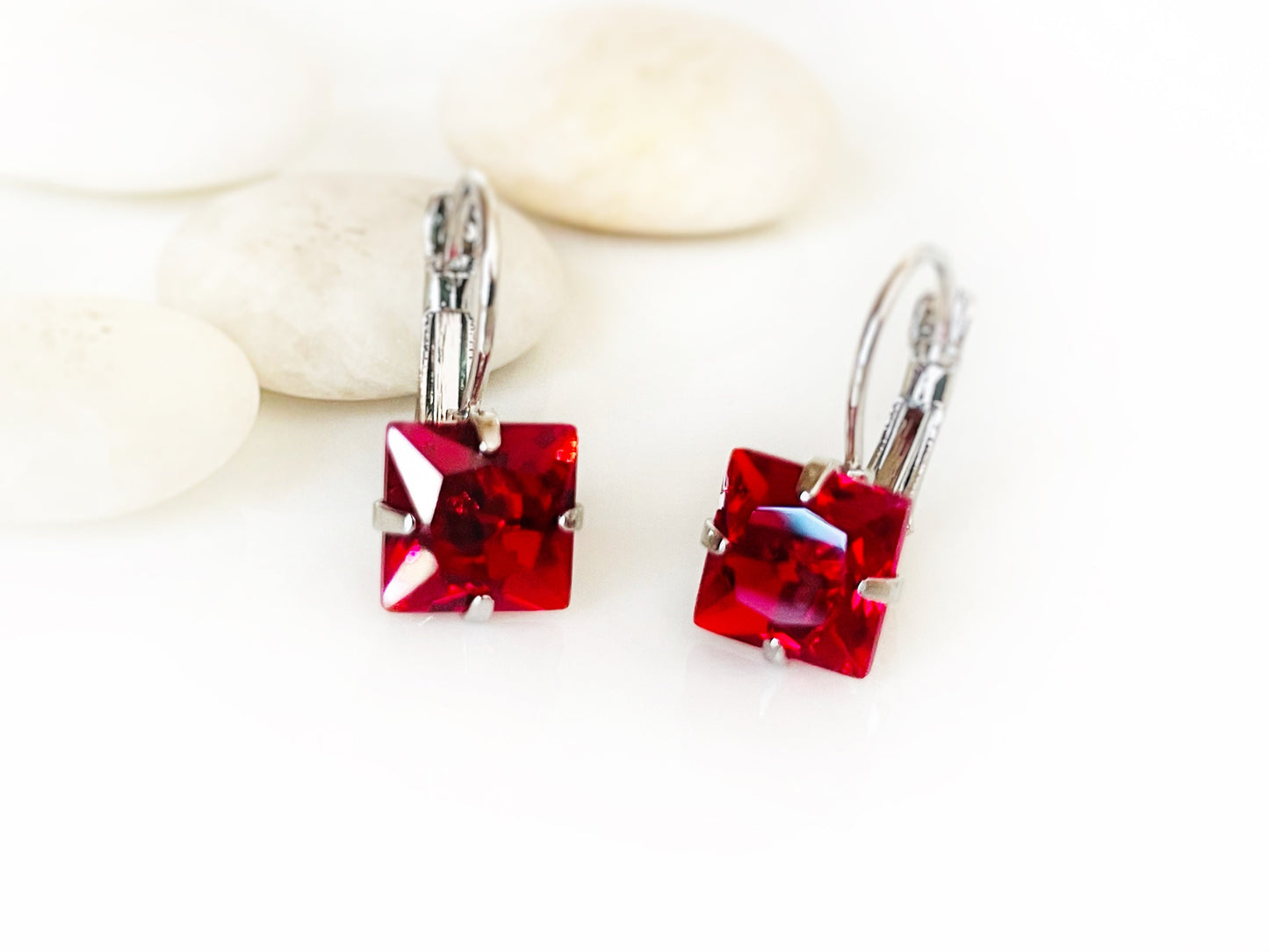 Sapphire solitaire princess cut lever back earrings, blue gemstone stud, september birthstone, gift for mom, simple stud leverback