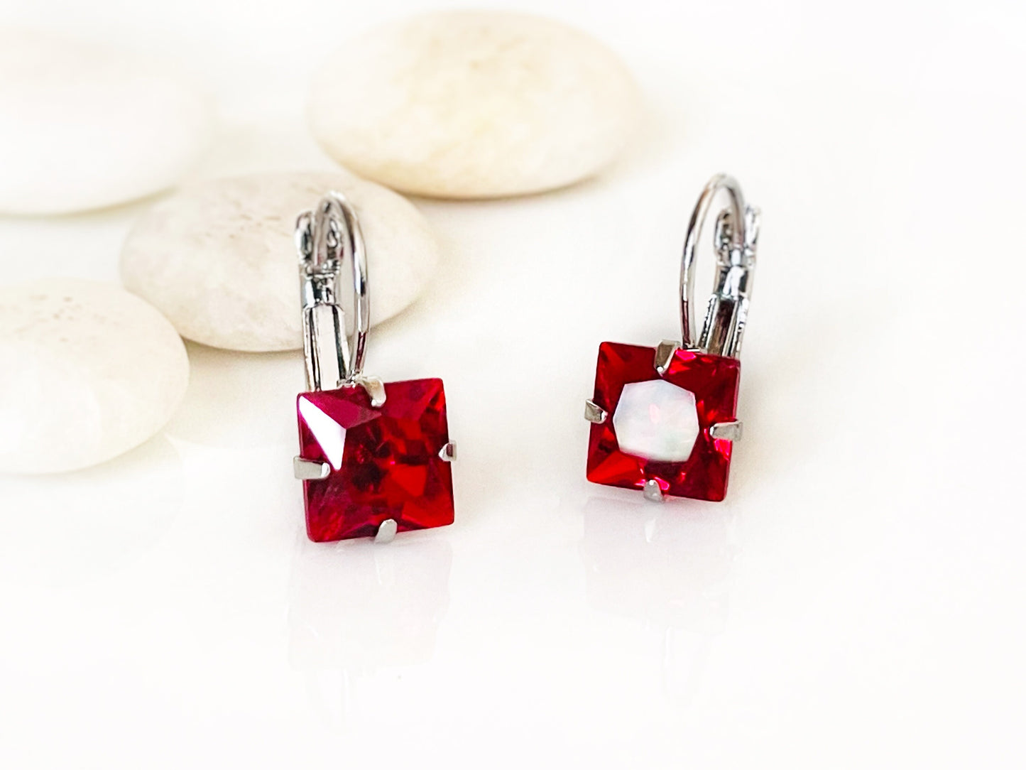 Ruby solitaire princess cut lever back earrings, red gemstone stud, July birthstone, gift for mom, simple stud leverback