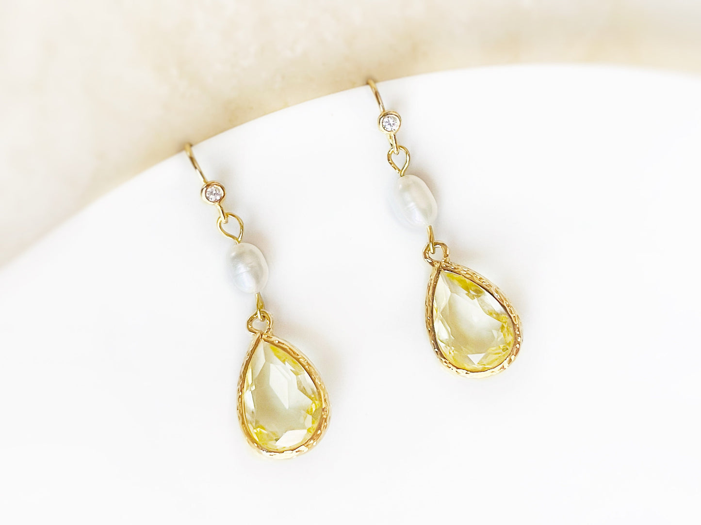 Pale yellow crystal pearl long dangle earrings gold, light yellow crystal pearl bridal earrings, gift for her, November birthstone,