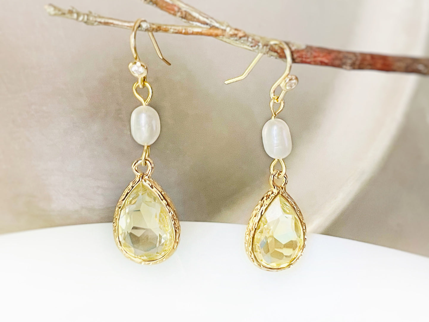 Pale yellow crystal pearl long dangle earrings gold, light yellow crystal pearl bridal earrings, gift for her, November birthstone,