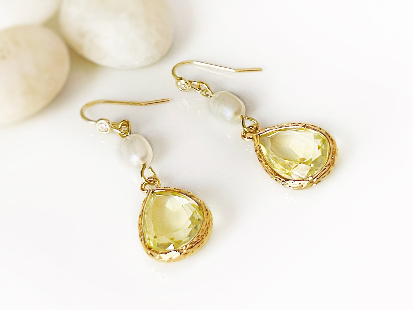 Pale yellow crystal pearl long dangle earrings gold, light yellow crystal pearl bridal earrings, gift for her, November birthstone,